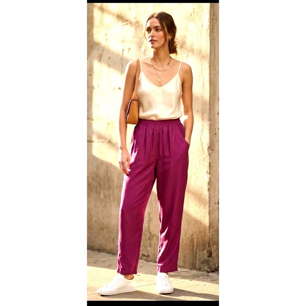 Preston & York Sport Vintage 100% Silk Pants Purple Magenta Elastic M Pockets